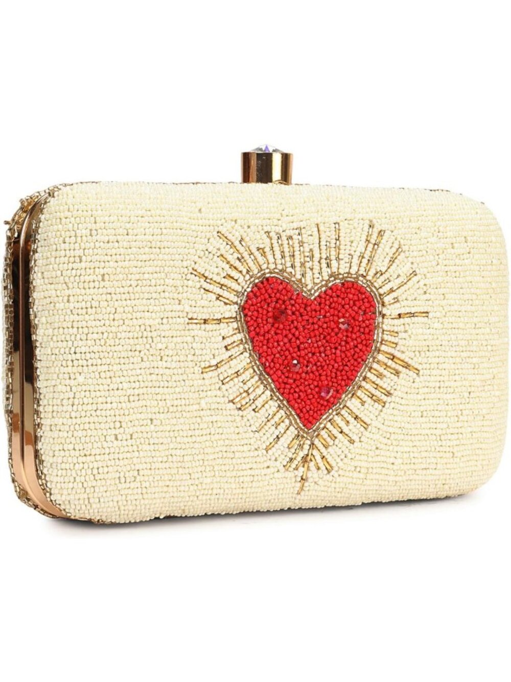 Handcrafted Beaded Box Clutch Purse with Heart Design & Gold Chain Strap
